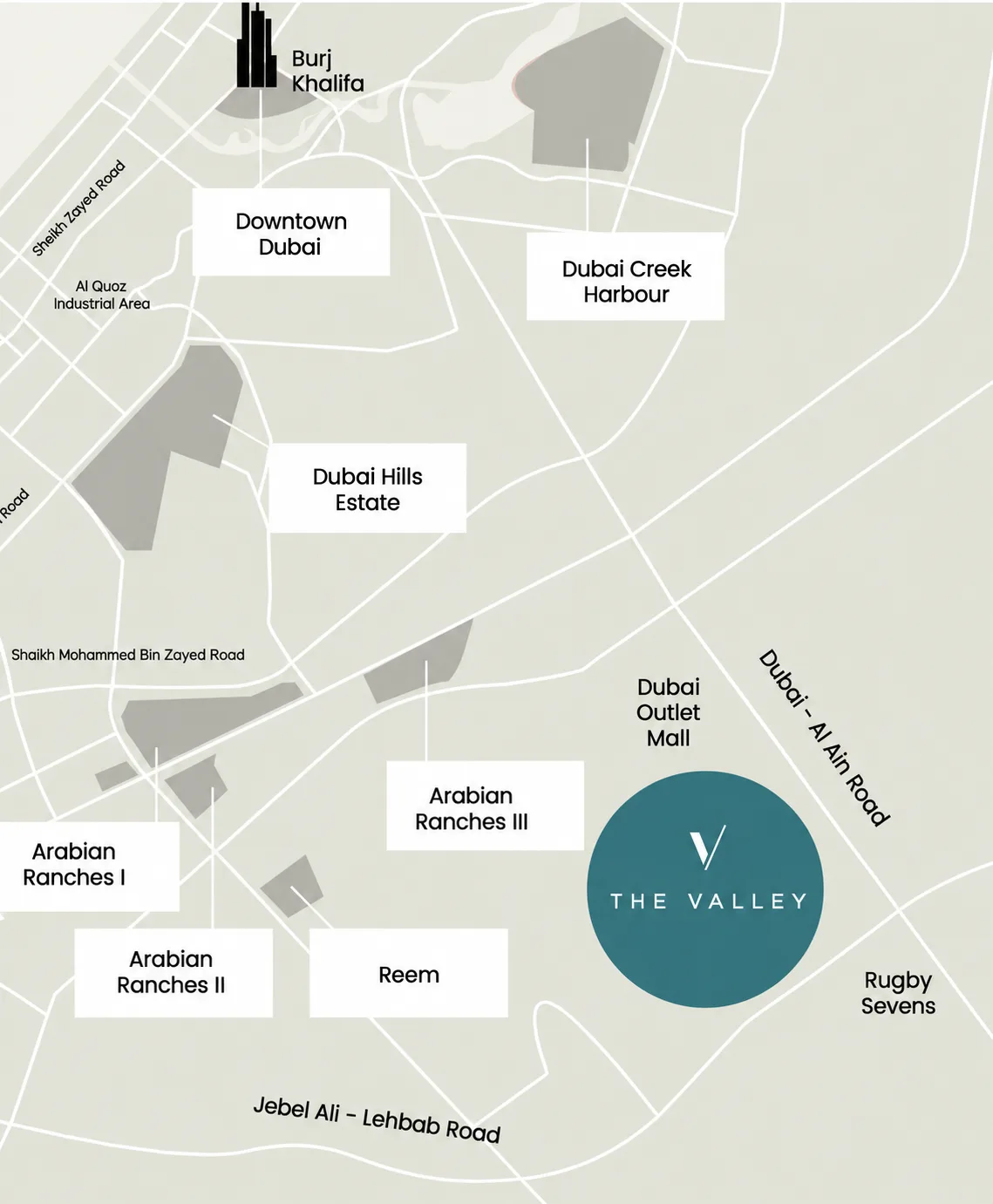 Map positioning Lunaya near Sheikh Zayed Road and major destinations in the Jebel Ali growth corridor